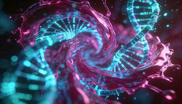 Spinning dna helix vortex with neon cyan strands and glossy magenta liquid ribbon