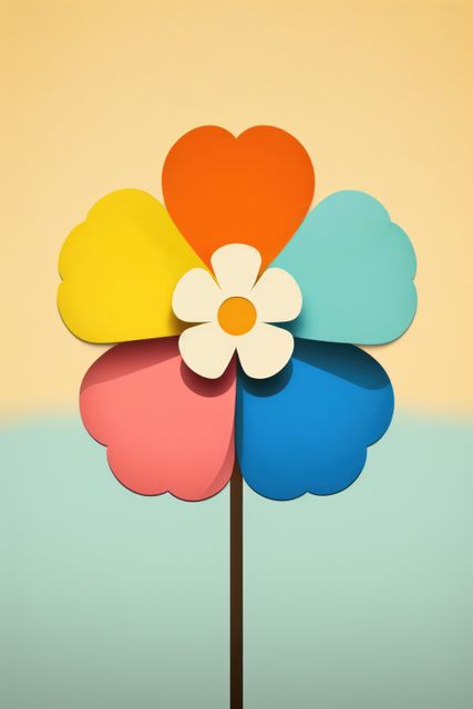 This image features a vibrant and colorful paper flower with heart-shaped petals in an abstract design. The petals radiate hues of yellow, orange, blue, and pink, surrounding a central white flower element on a simple stem. Ideal for children's decor, craft art illustrations, creative projects, and vibrant decorative elements.