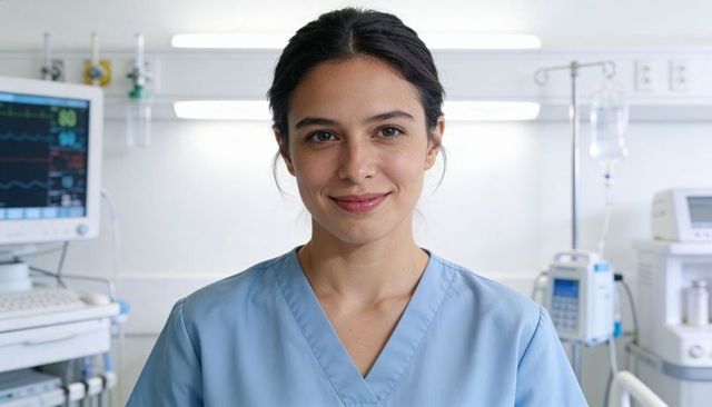 Confident icu nurse in blue scrubs monitoring ecg, iv pump and ventilator