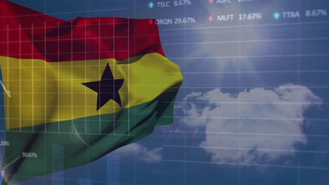 Visual shows Ghanaian flag in foreground blending with stock market graphics and bright sky, symbolizing national economy and international trade. Useful for articles on Ghana's economic growth, business investment opportunities, or national events celebrating Ghana's market presence.