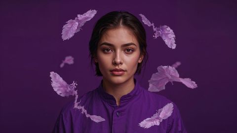 Elegantly styled woman with floating purple petals
