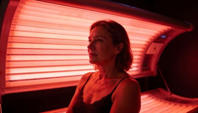 Middle-aged woman sitting in red-light therapy bed receiving infrared wellness treatment