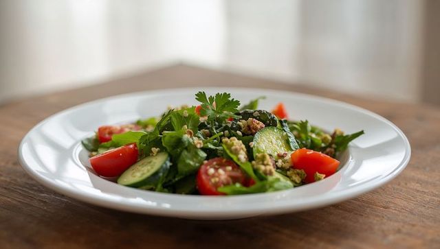 Vibrant cherry tomato and cucumber salad with leafy greens and parsley on rustic wood