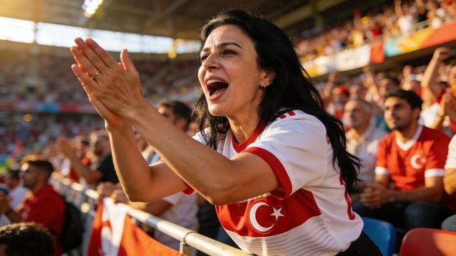 Passionate turkish football fan cheering in stadium wearing crescent-star jersey