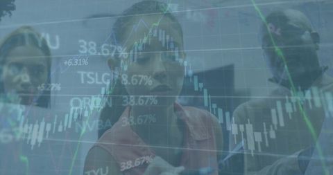 Business team analyzing candlestick charts and market trends on transparent display