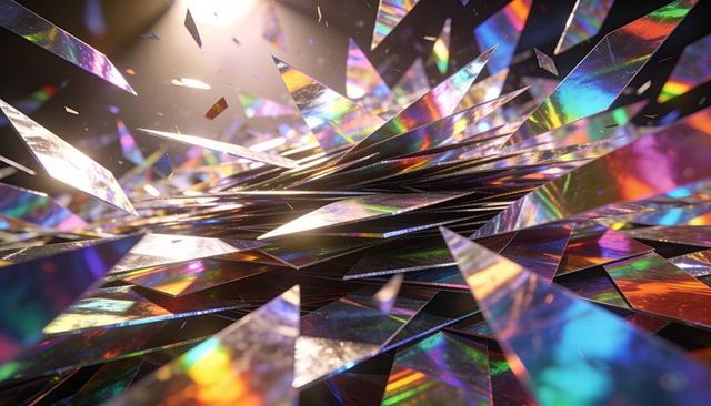 Shimmering Iridescent Triangular Shards Glinting in Rainbow Prism Light, Abstract Geometry
