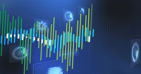 Futuristic Holographic Data Visualization with Pulsing Multicolor Vertical Bars Dashboard
