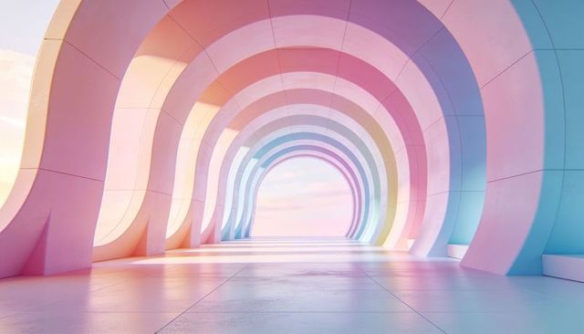 Pastel gradient arch tunnel with reflective floor and minimal benches, futuristic interior