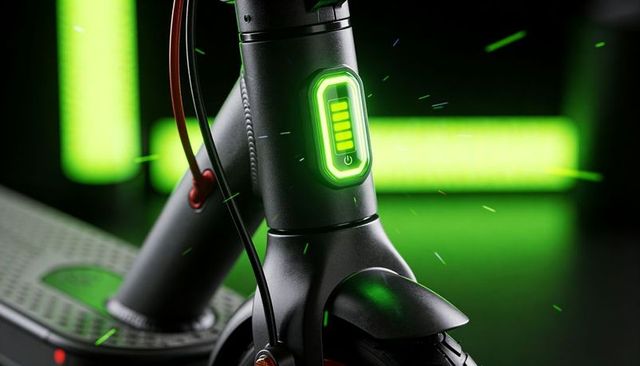 Electric scooter head tube glowing green led battery indicator with neon studio lighting