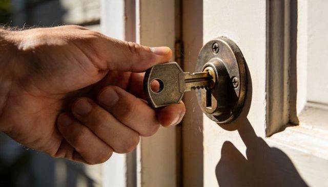 Turning house key in lock with sunlit hand, close-up of cylinder and door shadow
