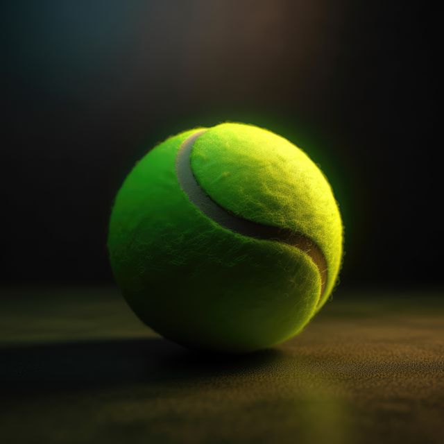 Close-up of a tennis ball glowing against a dark background. Suitable for use in sports advertisements, equipment promotions, and graphic design projects focusing on athletics and vibrant visuals.