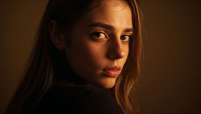 Looking over left shoulder moody amber-sidelit young woman portrait posing with warm glow