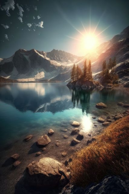 Scenic landscape with lake and mountains with sunshine, created using generative ai technology. Nature, scenery and beauty in nature concept digitally generated image.