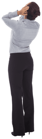 Frustrated businesswoman holding head isolated on transparent background