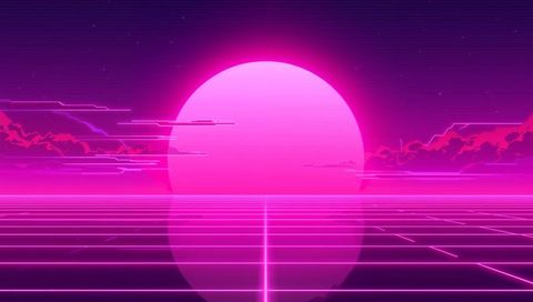 Glowing neon sun reflecting on retro grid horizon, synthwave vaporwave cyberpunk