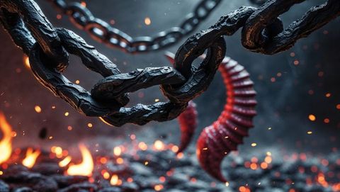 Cracked metal chain hovering above fiery lava terrain with red demon horns in background