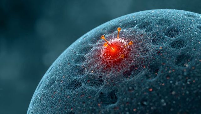 Viral particle attaching to cell membrane with spike proteins and droplets, nanoscale