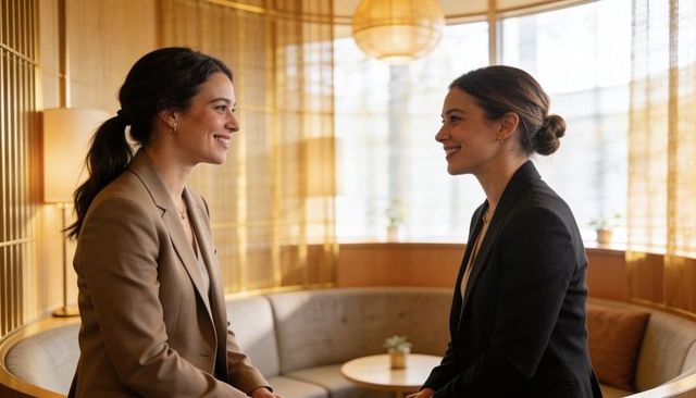 Two professional women smiling and talking in cozy modern office lounge with warm lighting in blazer