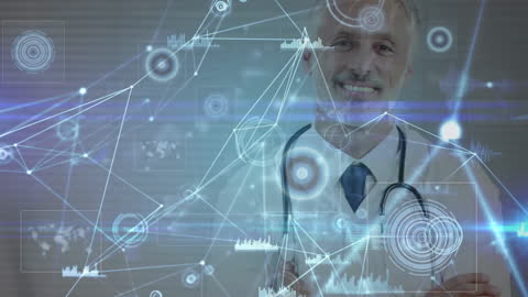 Smiling Doctor with Futuristic Digital Interface and Network Connections