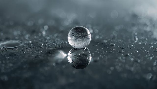 Glass sphere reflecting on wet surface with internal bubbles and soft bokeh macro