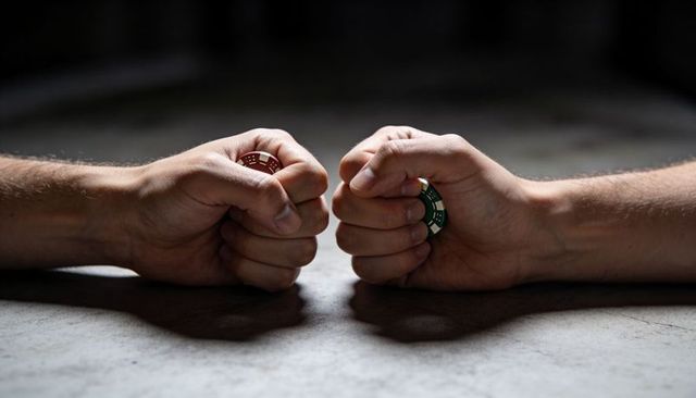 Clenched fists holding red and green poker chips in tense head-to-head standoff