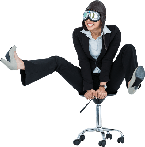 transparent businesswoman excitedly sitting on office chair wearing aviator gear - Download Free Stock Videos Pikwizard.com