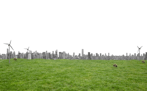 transparent cityscape silhouette with meadow and wind turbines - Download Free Stock Videos Pikwizard.com