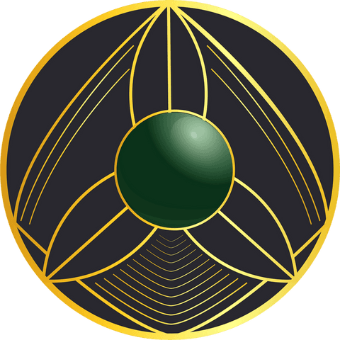 Luxurious transparent gold emblem with green orb and geometric lines