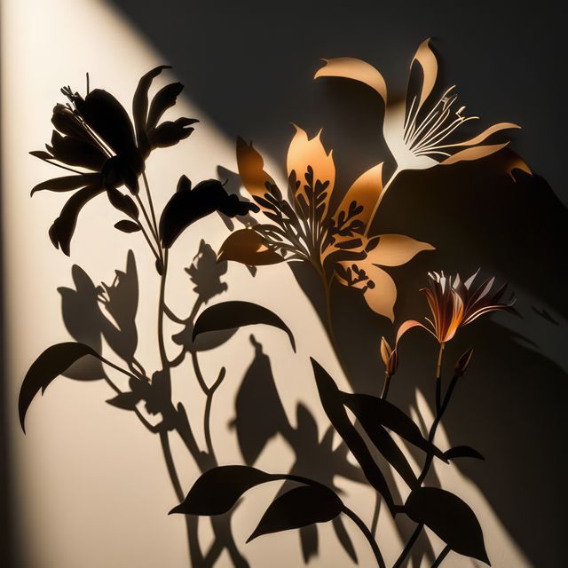 Elegant shadows of blooming flowers cast on a wall create an artistic, nature-inspired scene. Great for use in design projects, background art, decor inspiration, or adding an element of nature and soft aesthetics to any creative work.