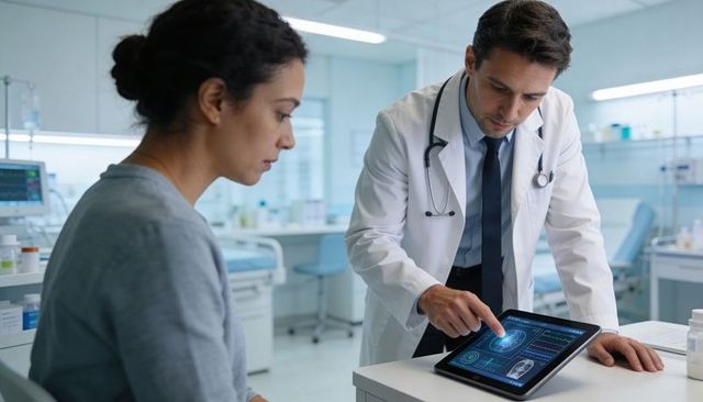 Doctor pointing at tablet showing diagnostic scans while patient watches in modern clinic