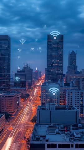 Rising WiFi Icons Visualizing Citywide Connectivity Along Urban Avenue at Dusk