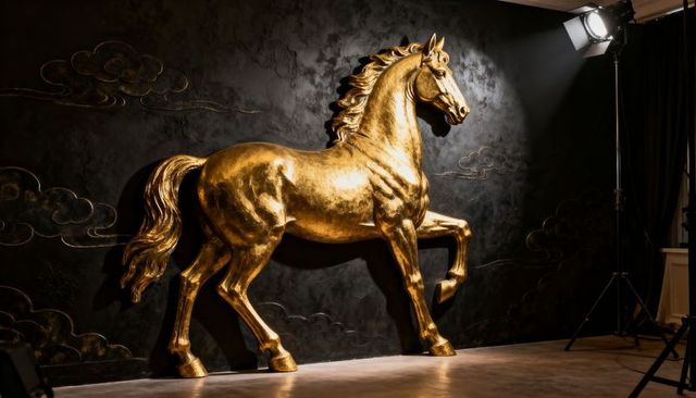 Gleaming golden stallion bas-relief mounted on dark gallery wall with spotlight and studio lighting
