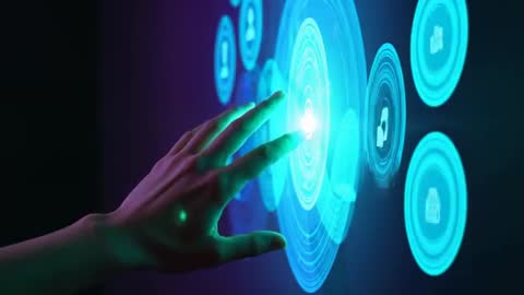 Hand interacting with holographic touchscreen selecting glowing circular interface icons