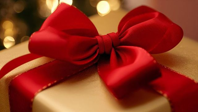 Gold gift box with vibrant red ribbon and festive lighting