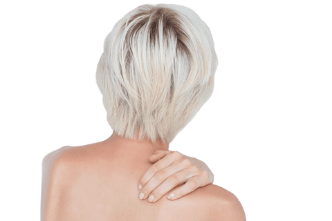 Female with Platinum Blonde Hair Massaging Neck in Transparent Background
