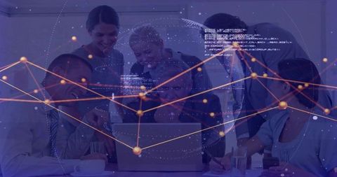Corporate Team Collaborating Over Laptop with Digital Network Data Visualization Overlay