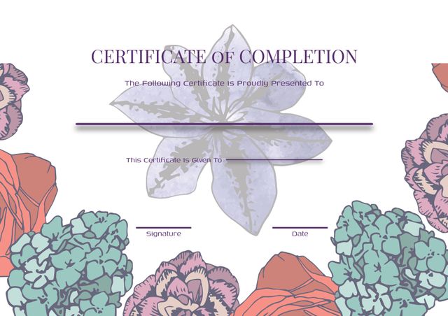 Floral Certificate of Completion Template with Purple and Pastel Tones - Download Free Stock Templates Pikwizard.com