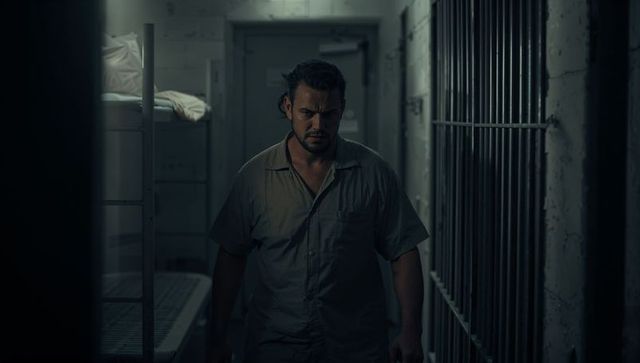 Serious Prisoner Walking in Gloomy Jail Corridor