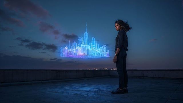 Woman observing neon holographic cityscape floating above rooftop at dusk