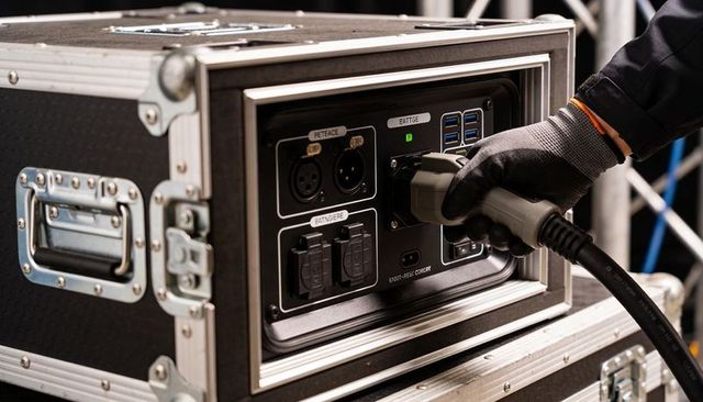 Technician plugging heavy-duty power cable into flight case panel wearing protective glove