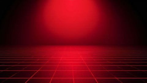 Crimson neon grid floor with circular spotlight, futuristic retro stage perspective