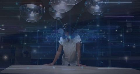 Woman Engaging with Holographic Interface in Tech Lab