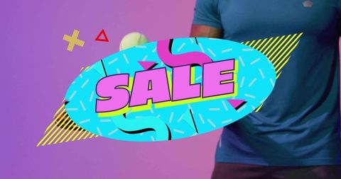 Retro neon sale banner featuring cyan oval graphic with bold pink typography and tennis prop
