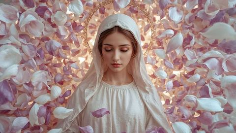 Ethereal woman with golden halo and floating petals