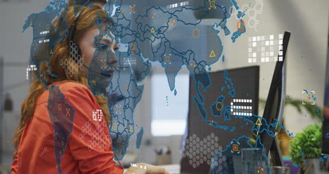 Businesswoman Engaging in Global Communication with Data Overlay