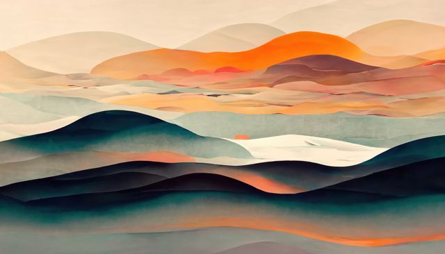 Abstract artwork depicting colorful mountain landscape with vibrant sunset hues. Ideal for decorating spaces such as homes or offices, adding a touch of modern art. Suitable for posters, canvas prints, and other wall art decor. This serene scene emphasizes natural beauty and tranquility.