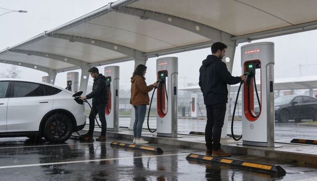 Drivers charging electric vehicles under canopy during heavy rain at fast charging station