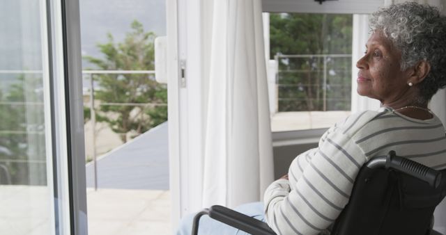 Elderly Woman in Wheelchair Looking Out Glass Door with Serenity - Download Free Stock Images Pikwizard.com