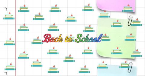 Back to school text with educational icons on grid background