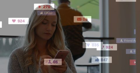 woman engaging with social media on smartphone with icons overlay - Download Free Stock Images Pikwizard.com